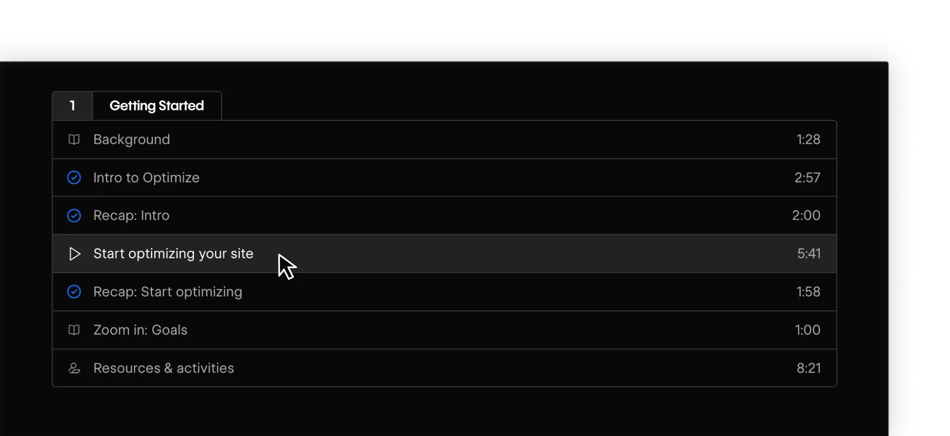 Course interface showing how to navigate between lessons by clicking on the Table of Contents.