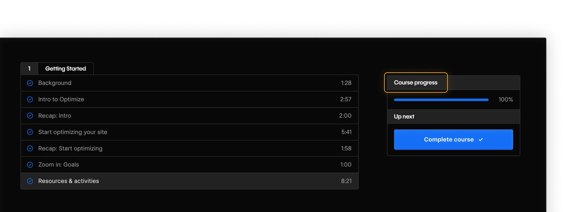 Course interface showing a Course progress box with a 100% completed status bar at the top.