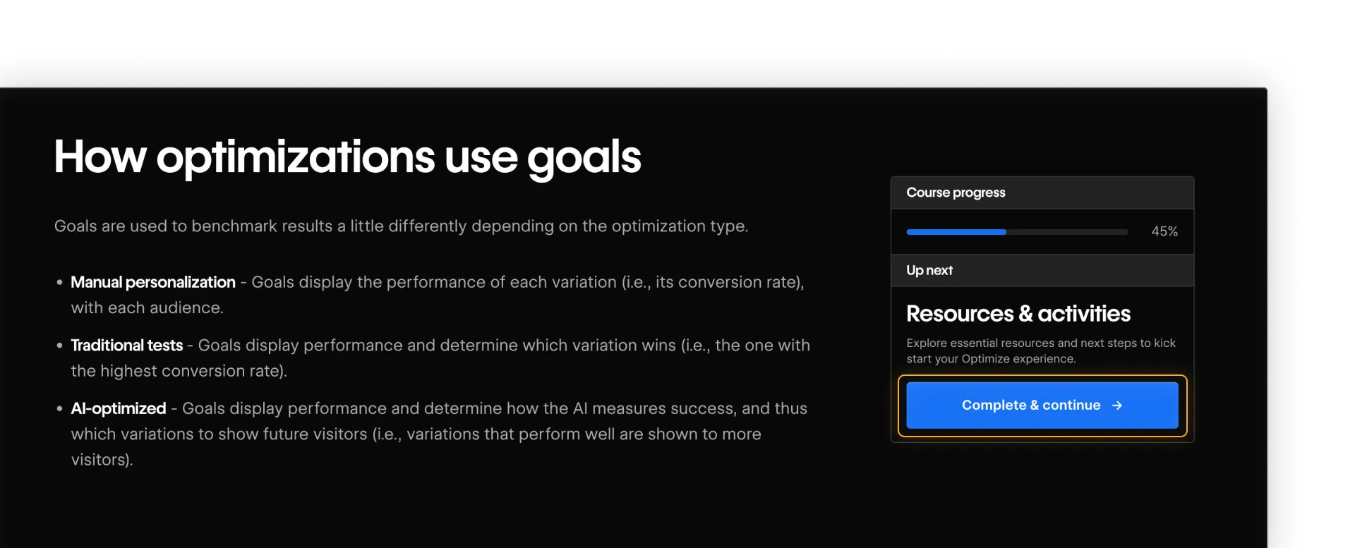 Lesson interface highlighting the Complete & continue button in the Course progress box.