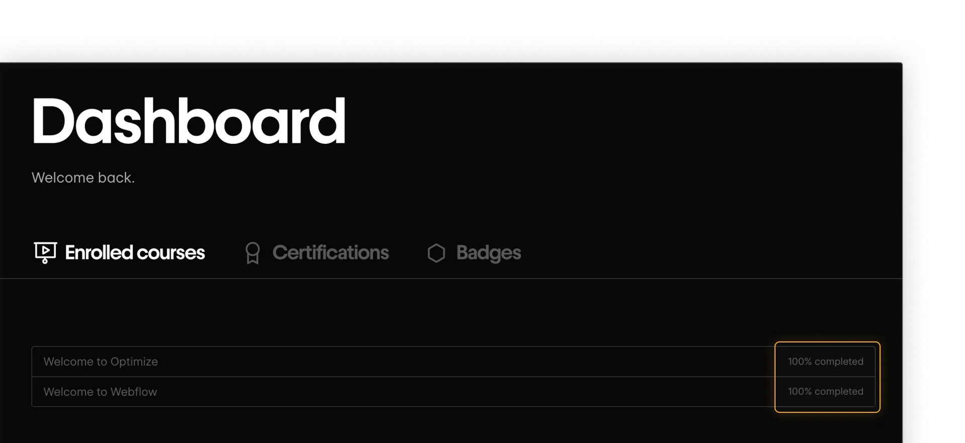 Webflow University user Dashboard with a list of courses and learning paths and their completed percentage.