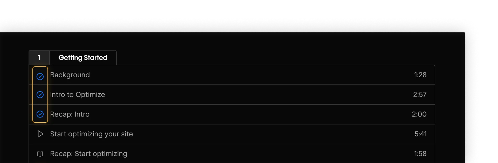 Course interface showing an incomplete and complete lesson side-by-side in the Table of Contents.