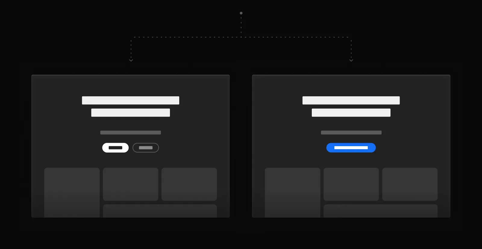 Two version layouts of a homepage section showing different CTA styles, illustrating an A/B test in Webflow Optimize.