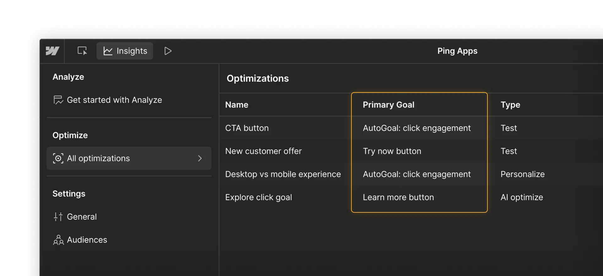 Webflow interface displaying four optimizations with different primary goals, including an AutoGoal and custom click goals