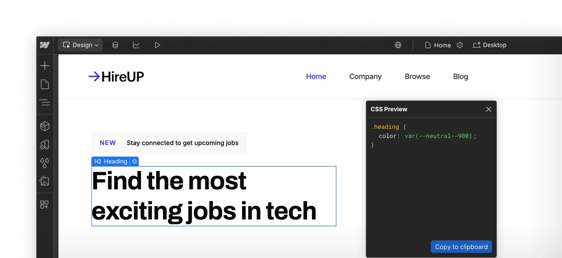 Image showing Webflow’s CSS preview feature with automatically generated code overlaid on the visual canvas
