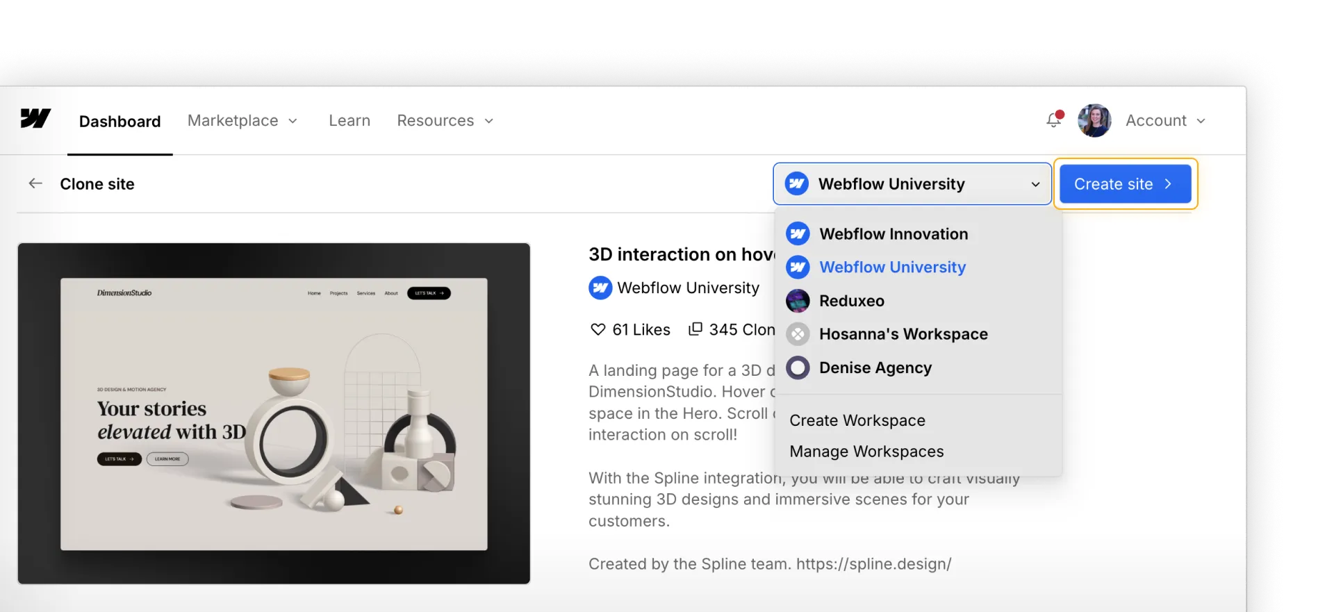 Workspace selection dropdown and "Create site" button in Webflow.