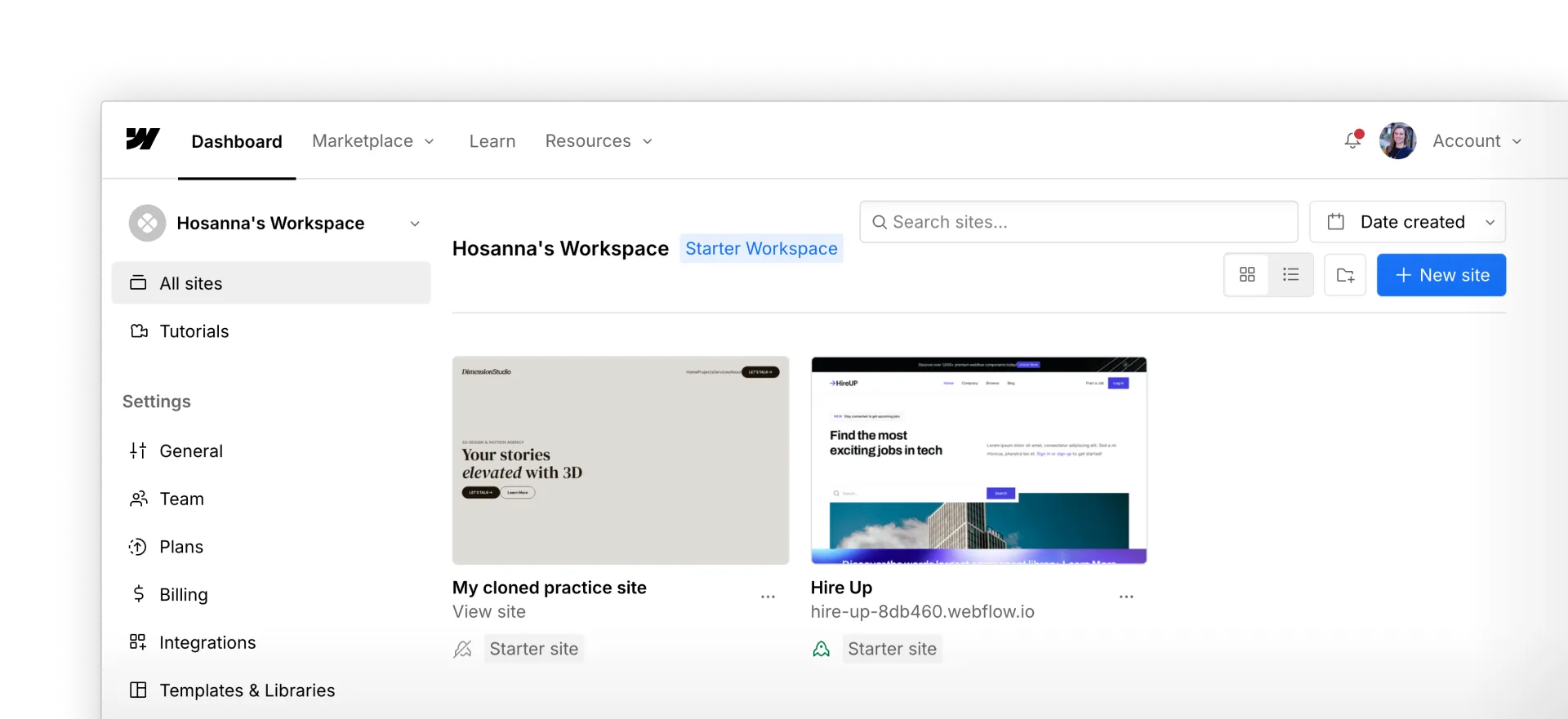 Sample Webflow user dashboard showing two created sites.
