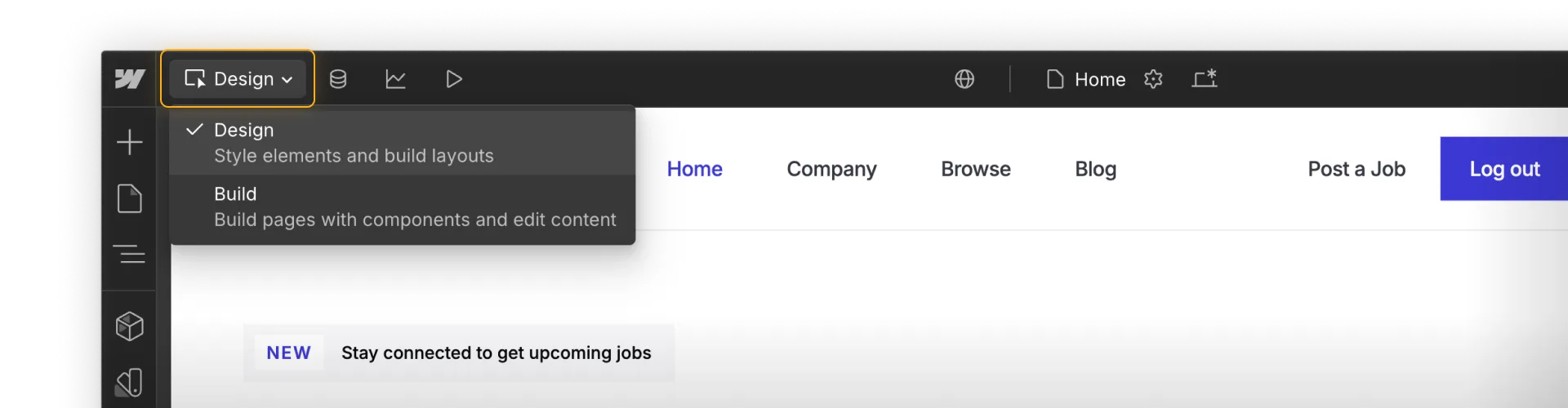 Webflow Modes dropdown including Design and Build modes.