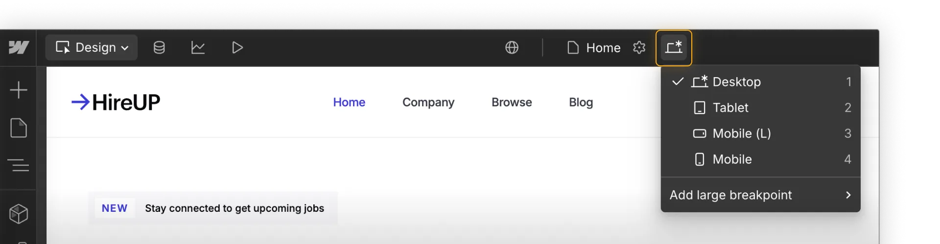 Breakpoints dropdown in the Context bar of Webflow.