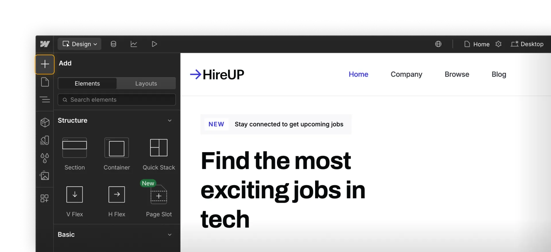 Add elements panel in Webflow.