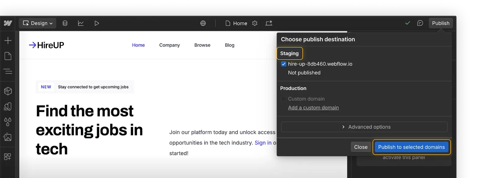 "Choose publish destination" window in Webflow with Staging domain selected.