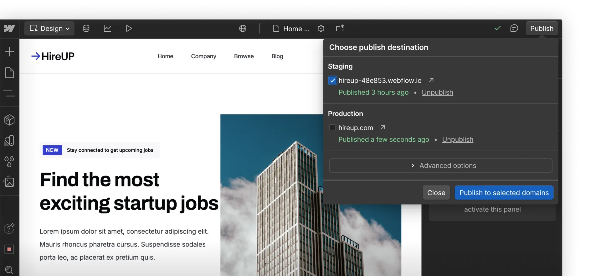 Webflow’s Publish button with options for Staging or Production.