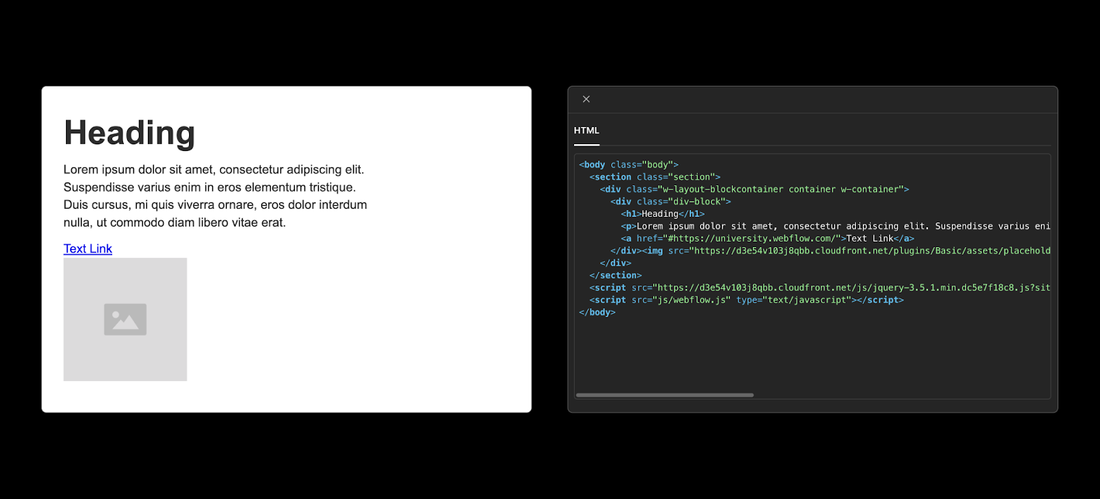 A side-by-side image of elements in Webflow and the HTML code they generate, for example a heading and <h1> tag.