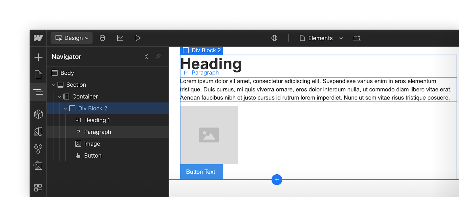 Several elements nested inside other elements on a Webflow canvas to create a sample hero banner layout.