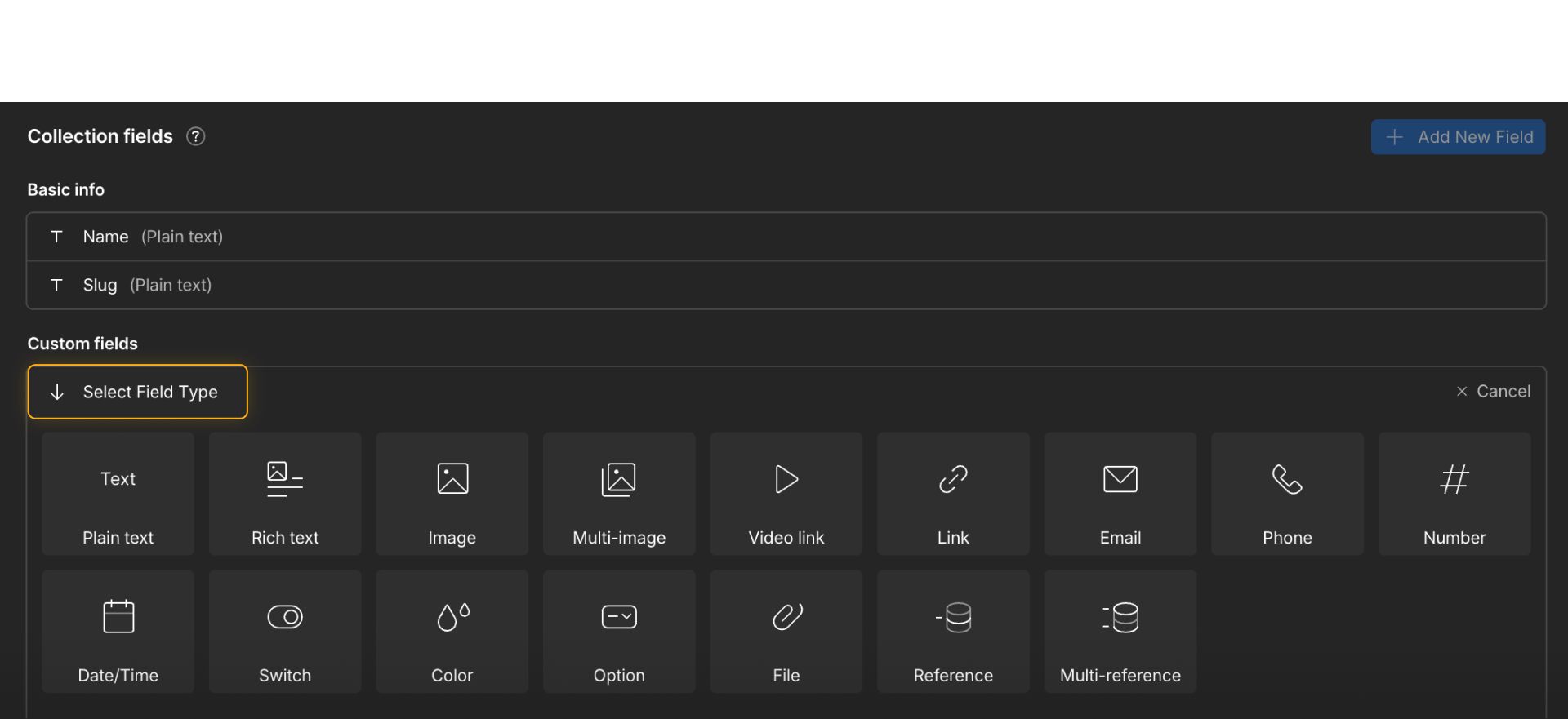 Webflow CMS field settings showing required Name and Slug fields, with custom field types like image, switch, and reference.