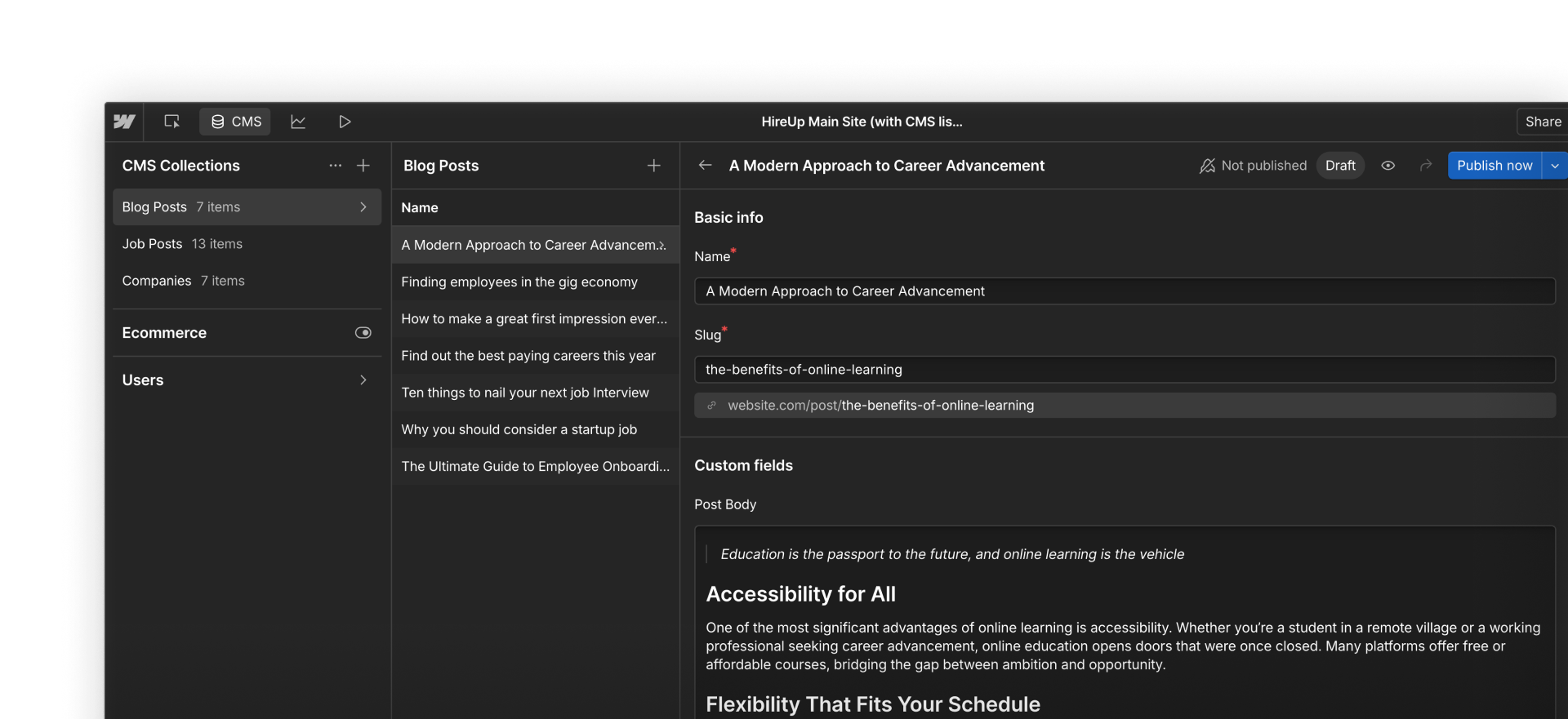 Webflow CMS item view showing a blog post with Name, Slug, and a rich text custom field for the post body.
