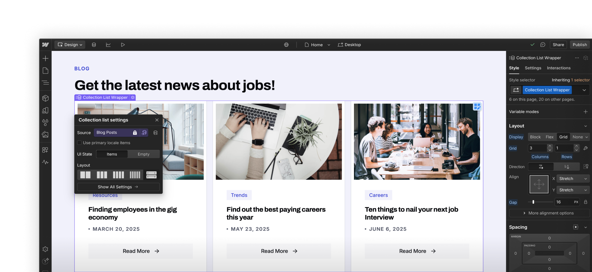 Webflow interface showing a Collection List of blog posts with layout settings and Collection List settings panel open.