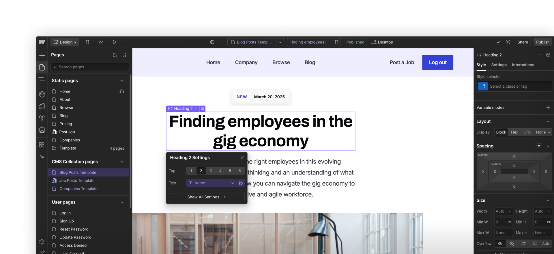 Webflow interface showing a blog post Collection Page template with a heading bound to the Name field.
