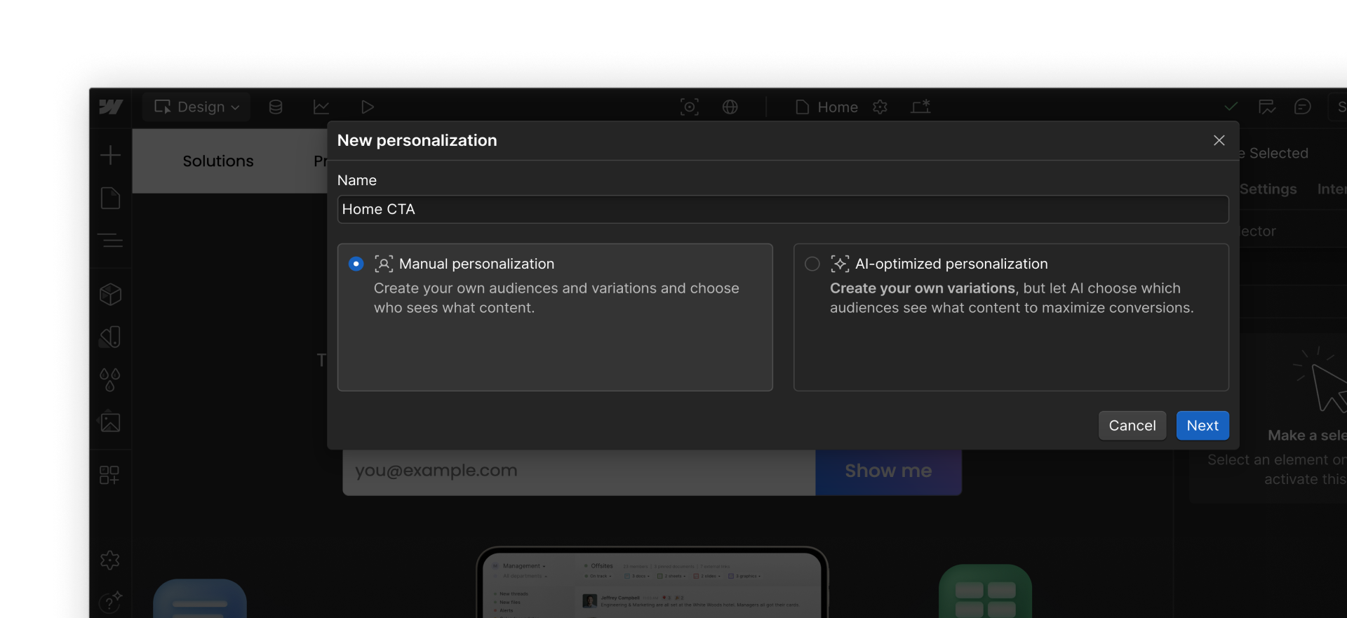 Webflow Optimize modal showing options to create a manual or AI-optimized personalization for different audiences.