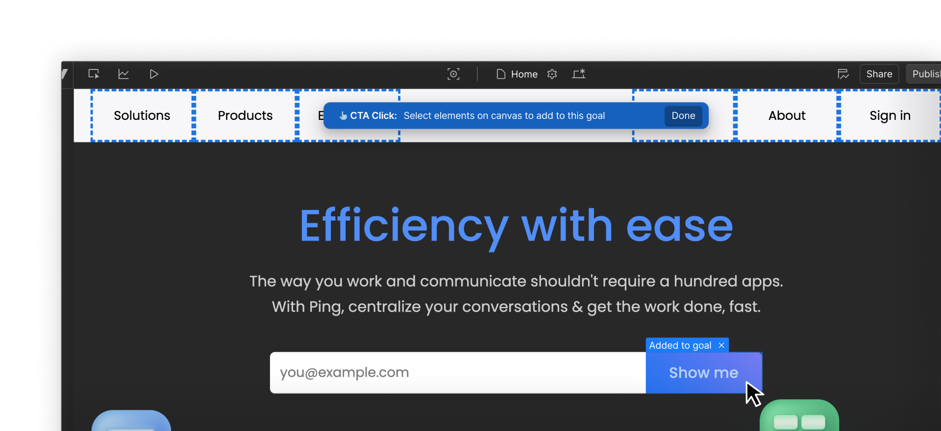 Webflow Optimize goal-setting view with a CTA button selected to track clicks as a conversion goal.