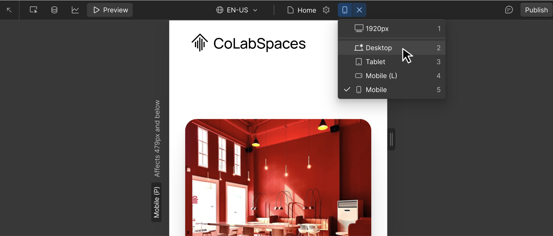 Webflow interface with breakpoints dropdown open to show how to switch between the core breakpoints.