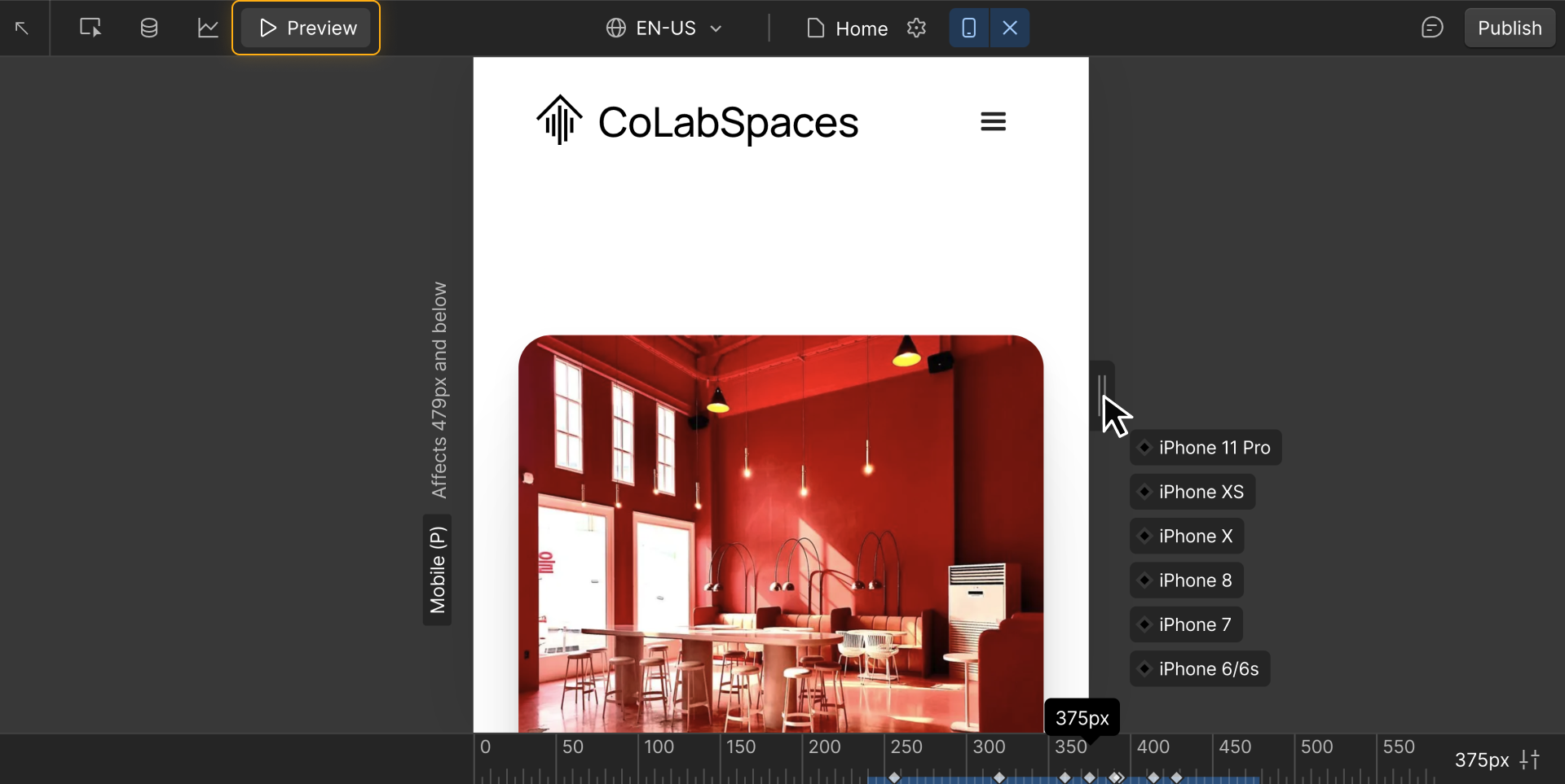 Webflow UI showing layout at 375px and a list of devices that match that screen width for mobile preview.