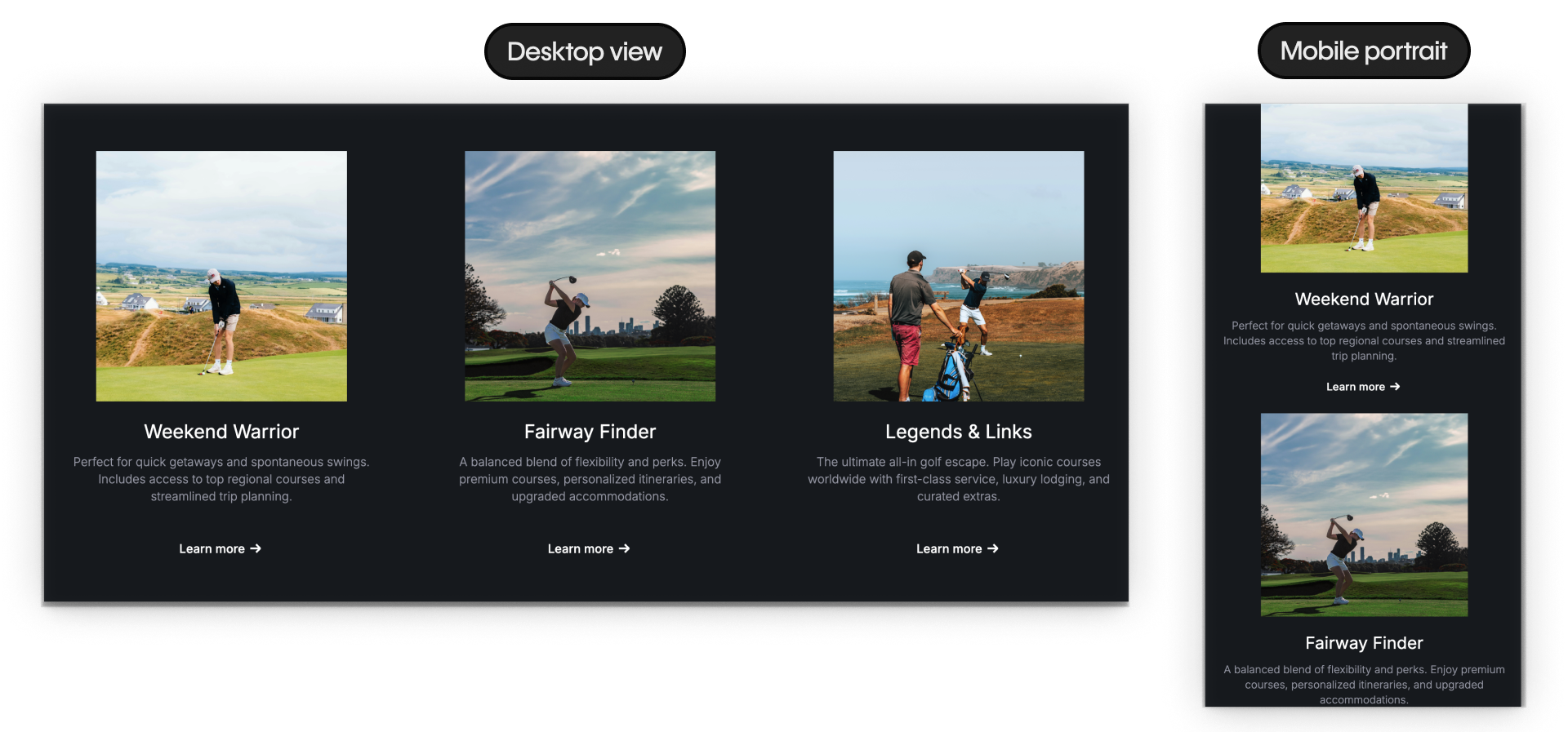 Responsive layout showing three-card grid on desktop view and stacked single-column layout on mobile.