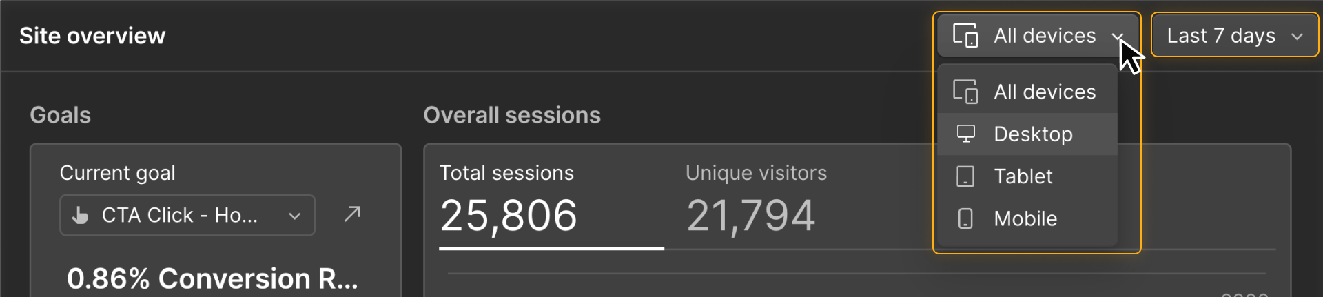 Zoomed-in view of device and date range filters in the Site overview page of Webflow Analyze.