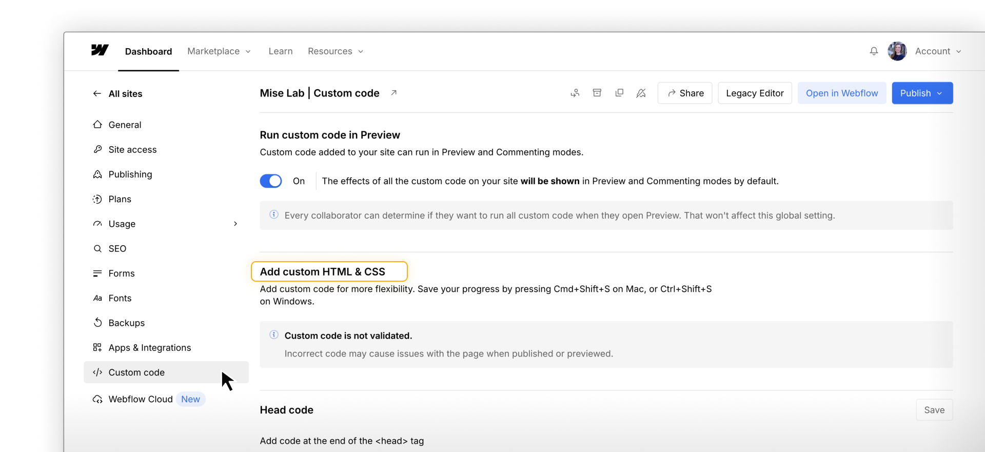 Webflow Site settings with the Custom Code tab open, showing global code fields.