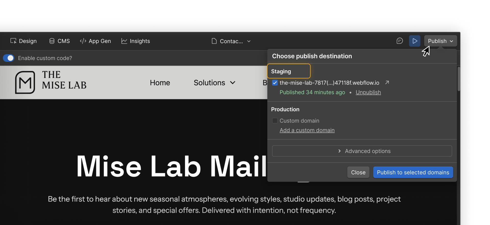 A dropdown showing the option to publish to Staging in Webflow.