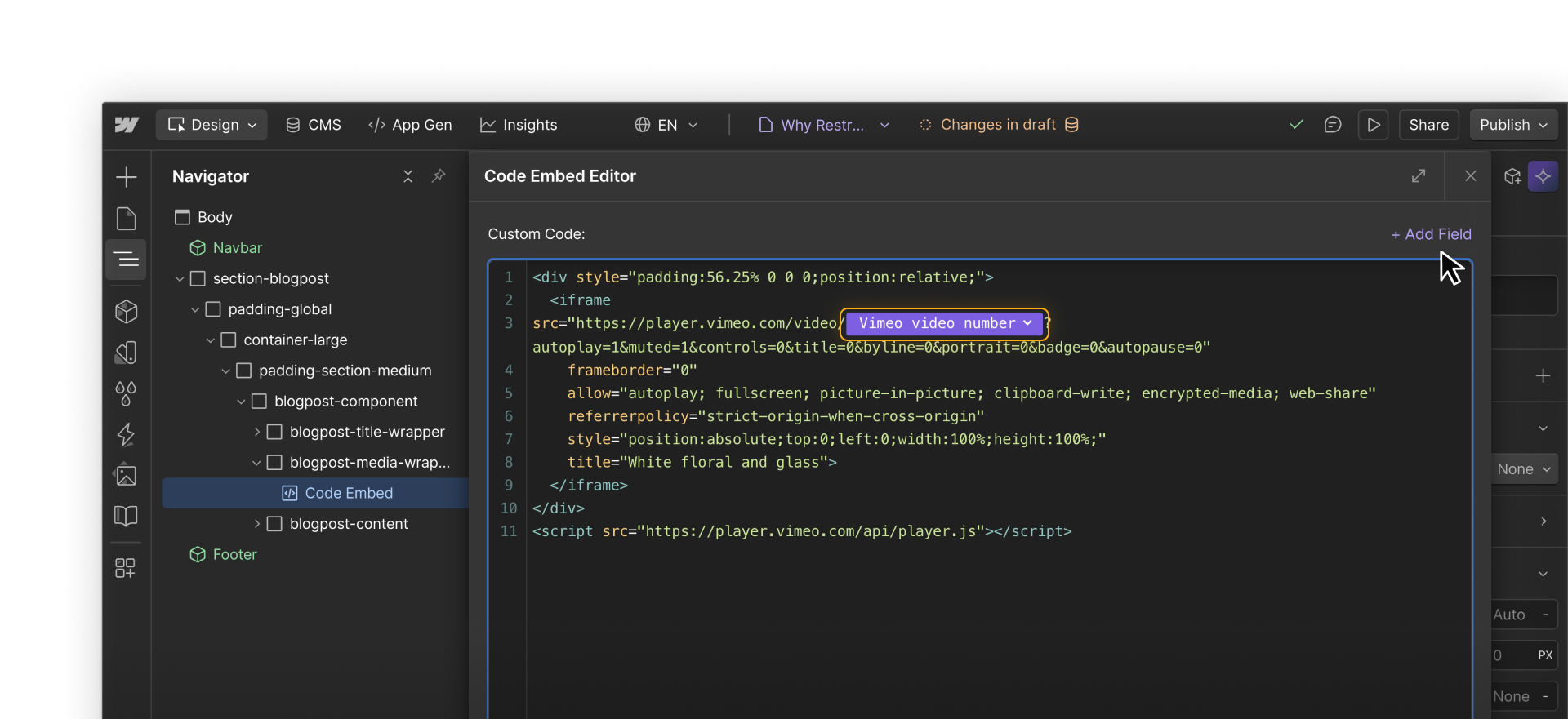 Embedded code on a CMS Collection page template showing an added field for "Vimeo video number" used to add unique videos per page.