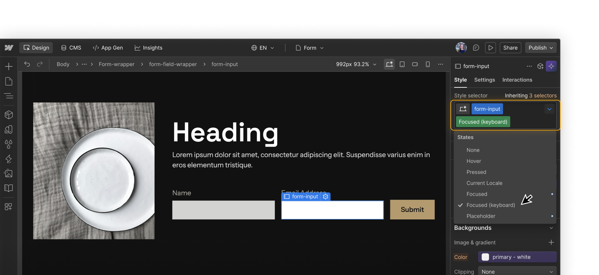 Webflow canvas showing a Form input field with a styled Focused state visible.