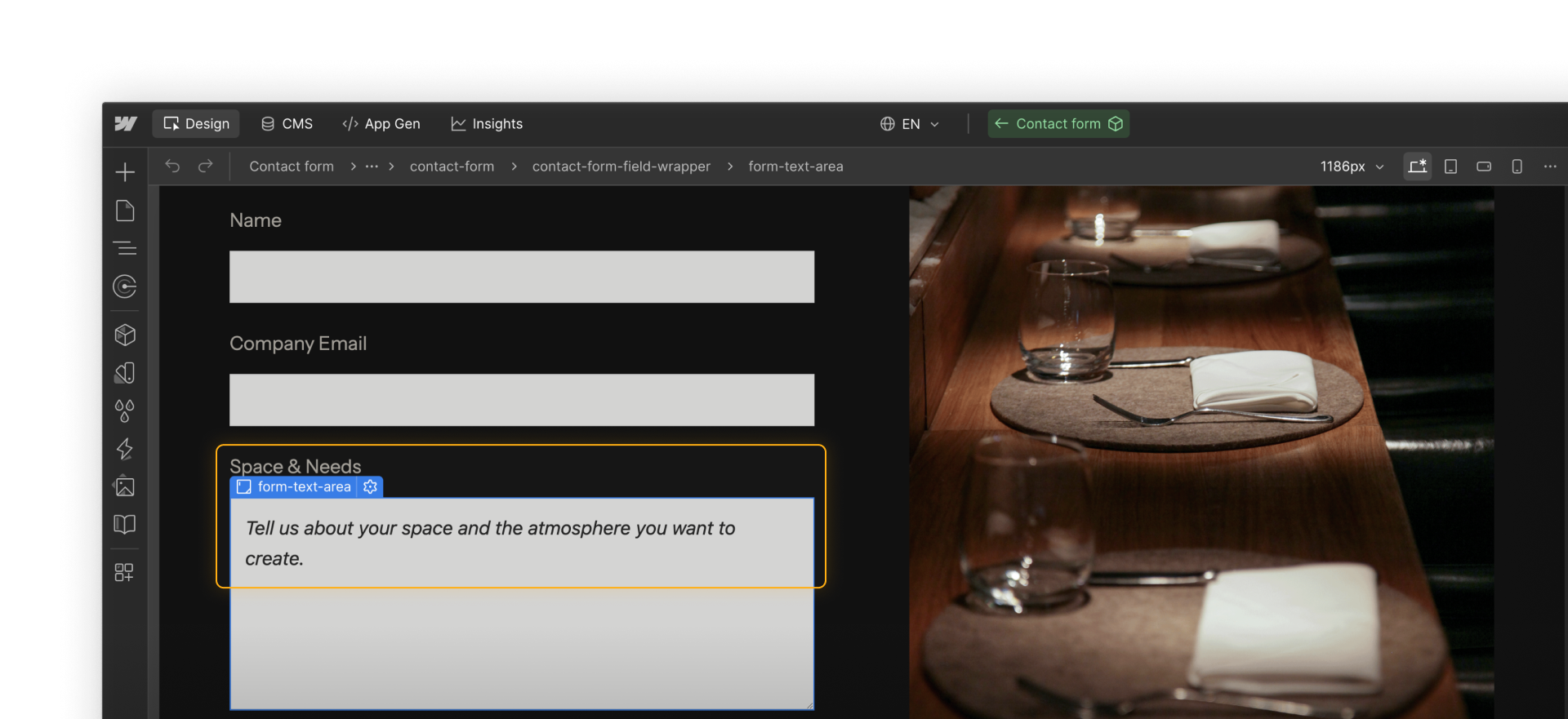 A form Textarea field with a clear label and placeholder text that supports the label.
