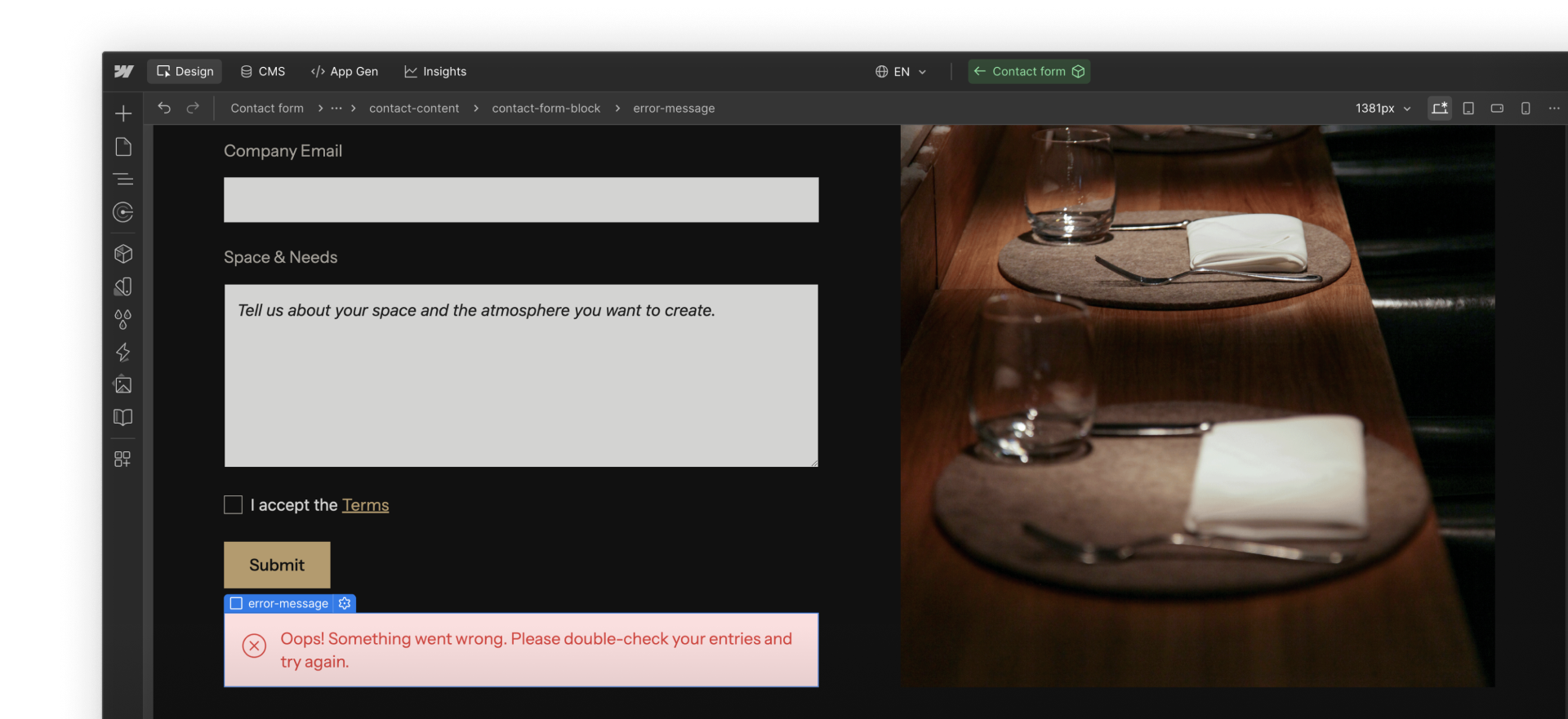 A form showing an inline error with a clear request to try again.