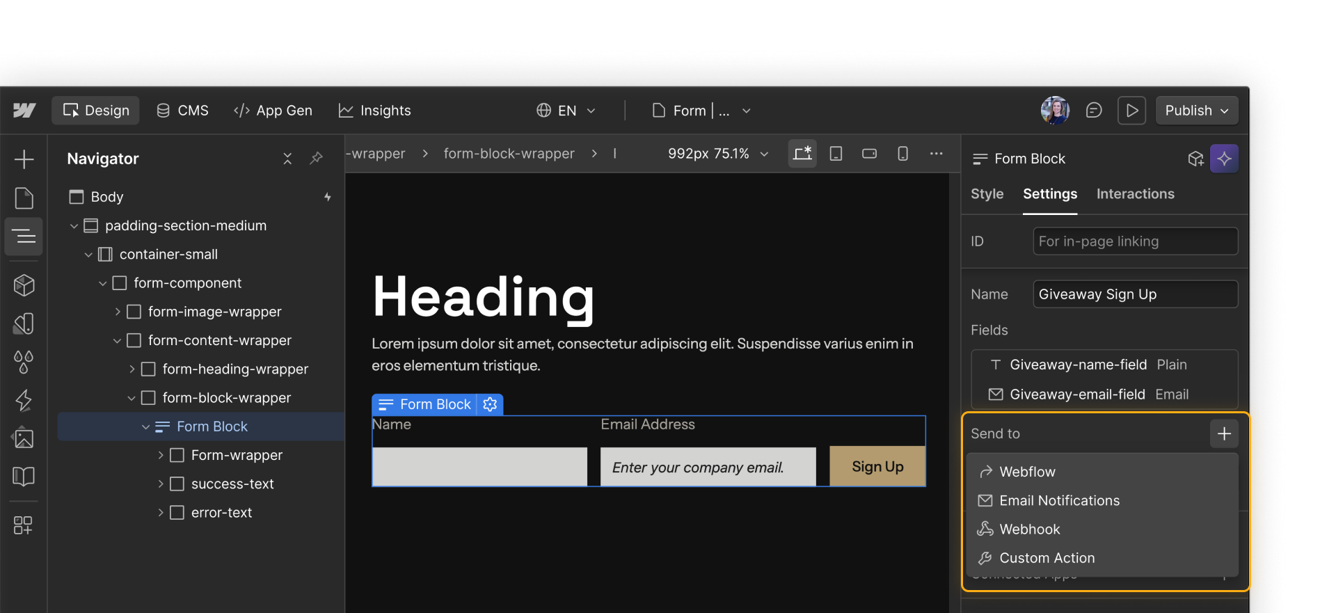A Webflow form block’s settings highlighting the option to ‘Send to’ a destination in or outside Webflow.