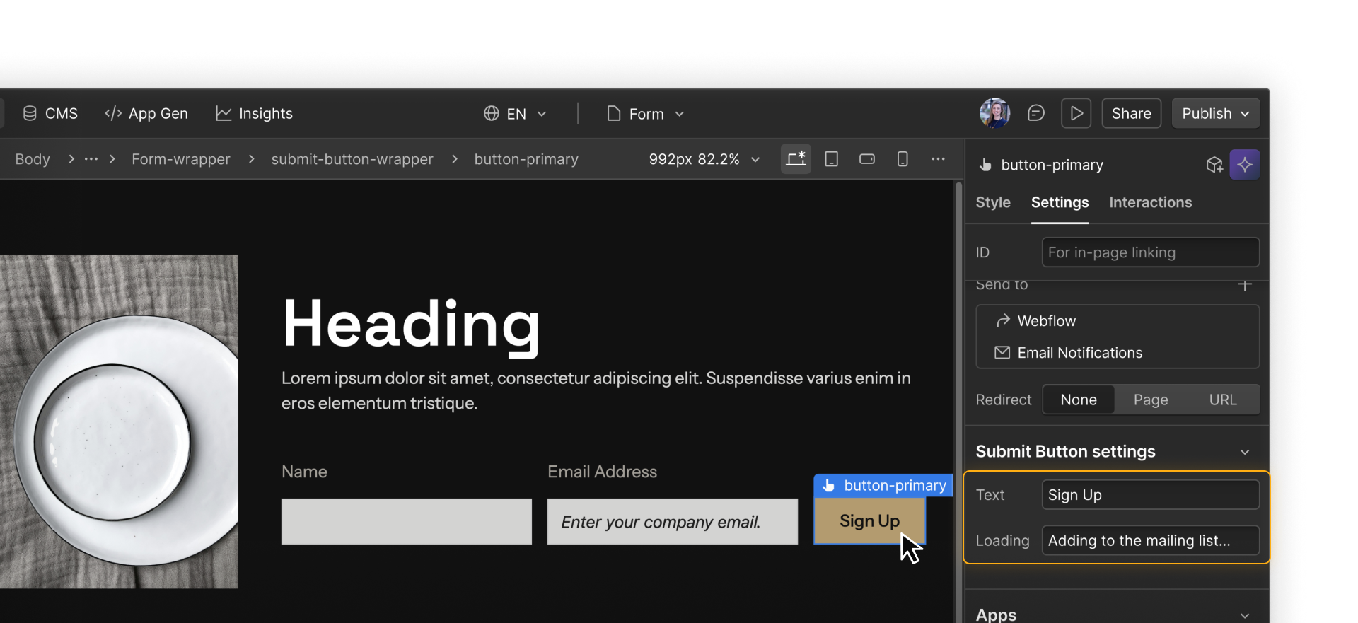 A submit button’s settings showing button text of ‘Sign Up’ and loading text of ‘Adding to the mailing list…’