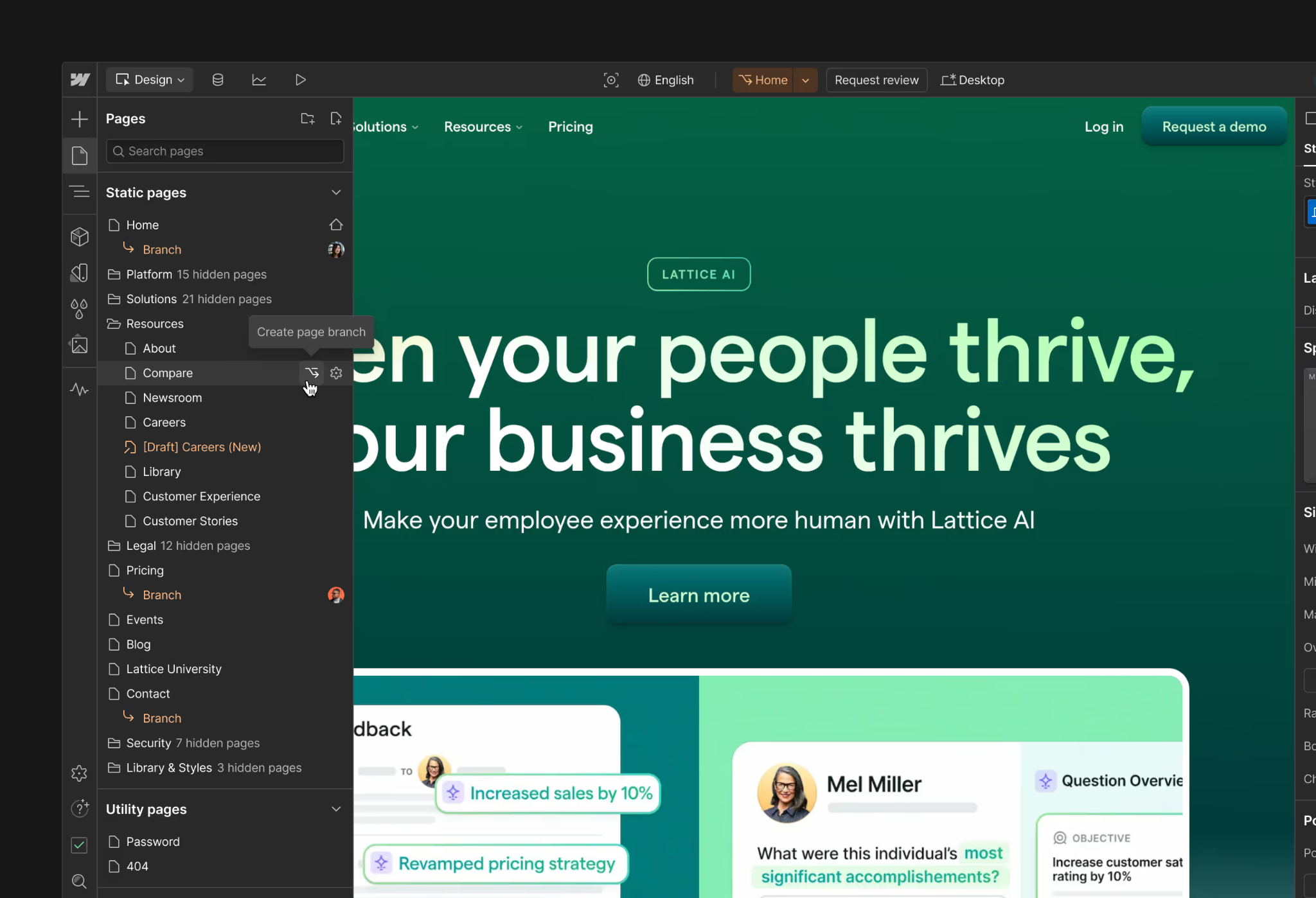 Webflow UI showing page branching to create and edit a separate version of a page before merging.