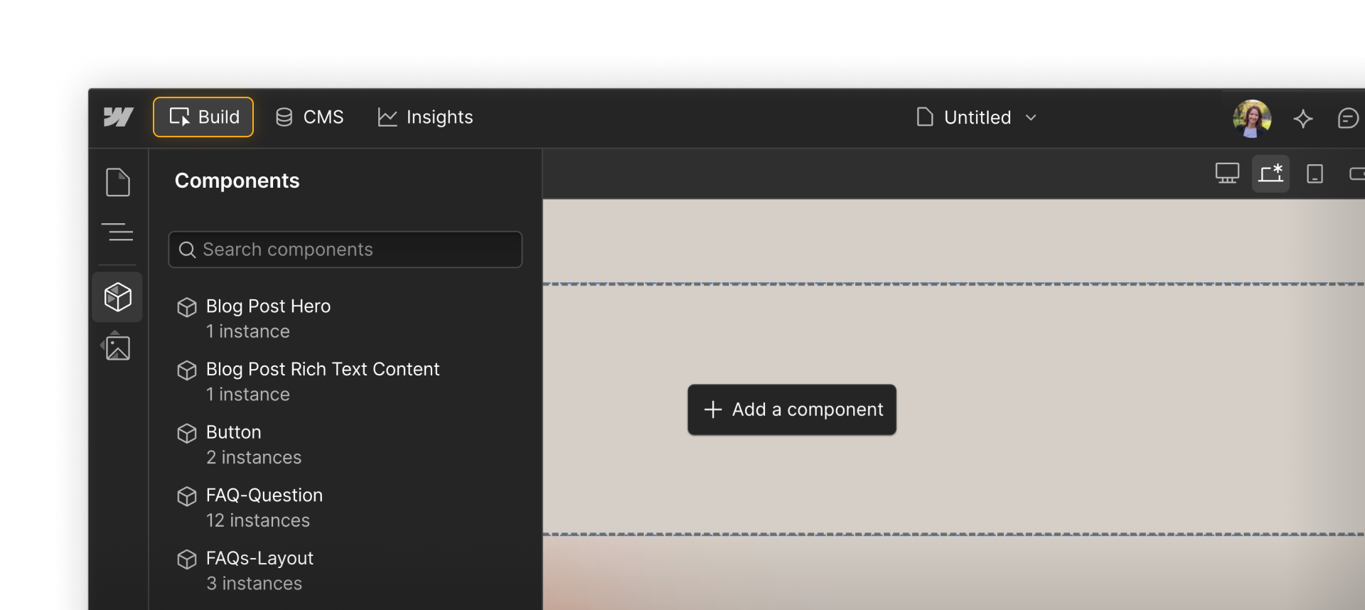 Webflow UI showing the page building with reusable components added to a page layout.
