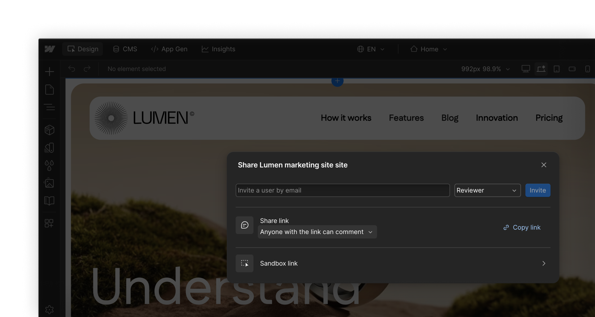 Webflow share panel showing a comment-only link for reviewers to provide feedback.