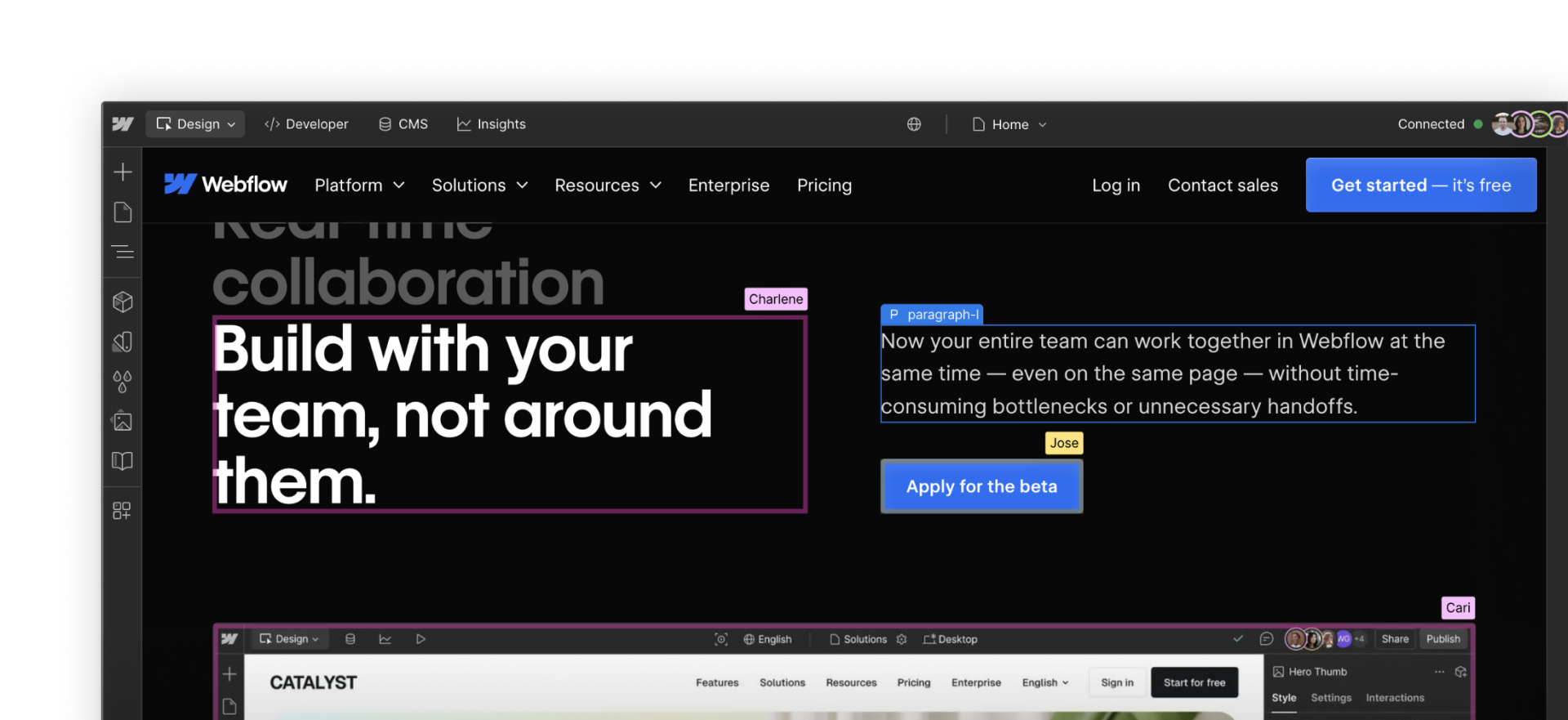 Webflow canvas showing real-time collaboration with multiple teammates editing the same page simultaneously.
