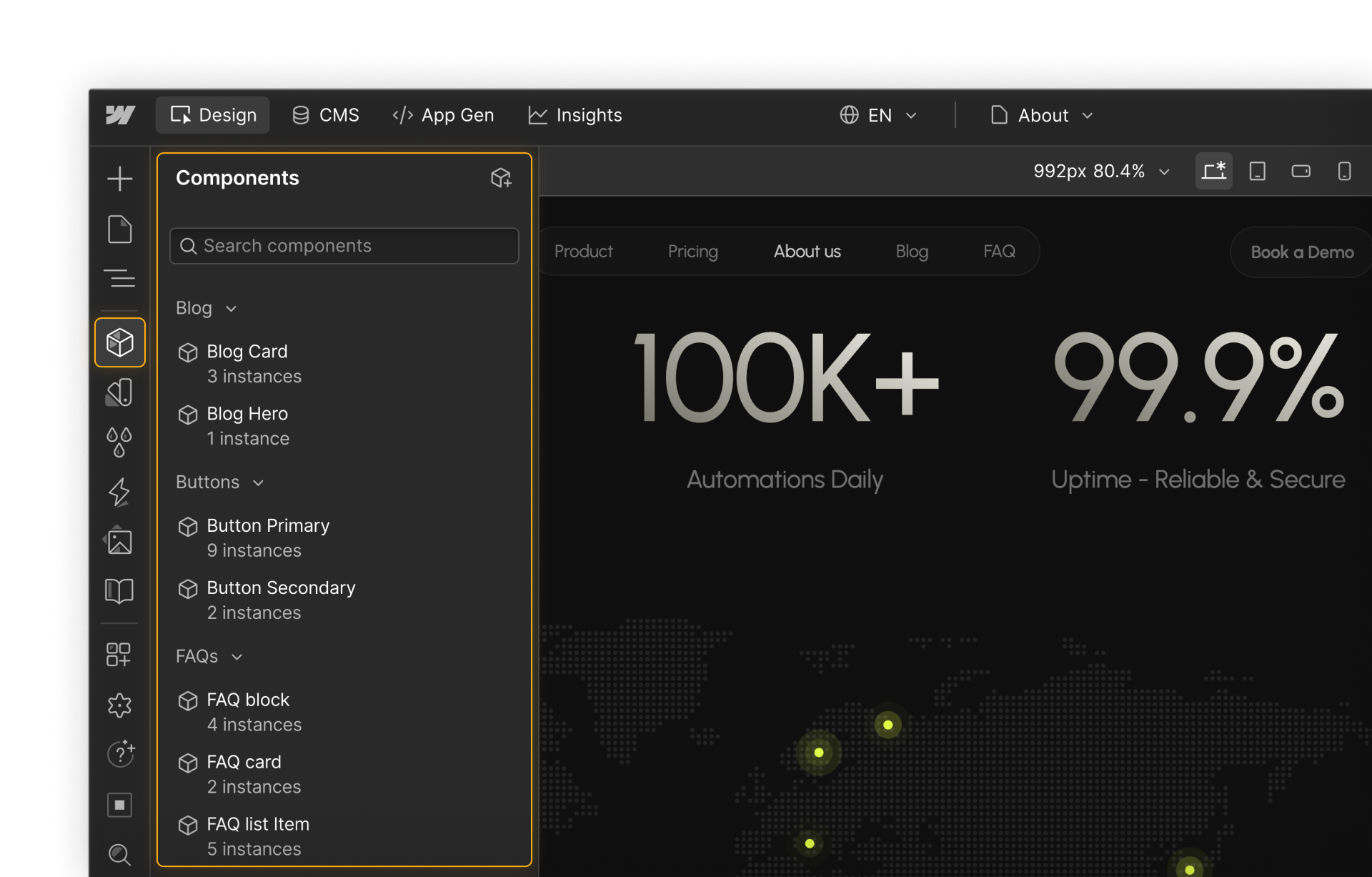 Webflow components panel showing a component library with organized folders for blog, buttons, and FAQ components.