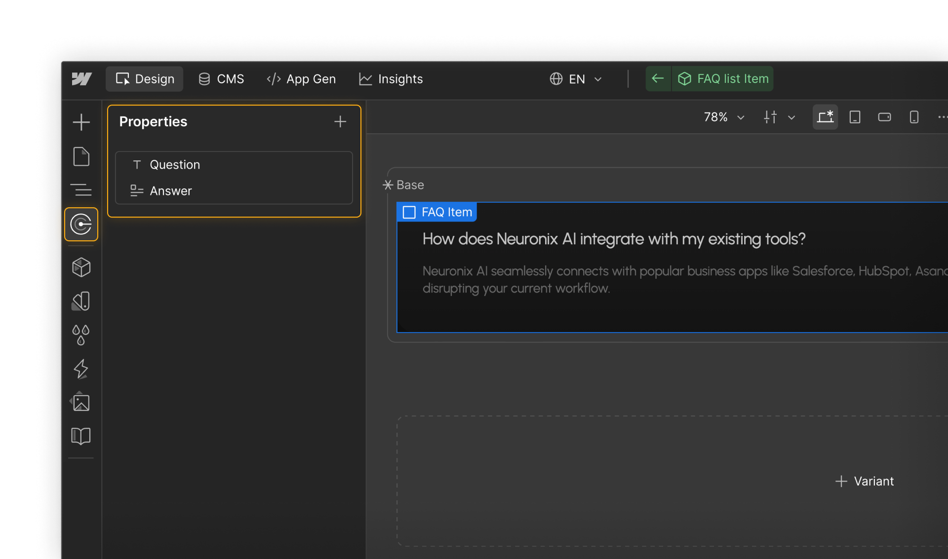 Webflow component canvas showing component properties for editing content fields like question and answer.
