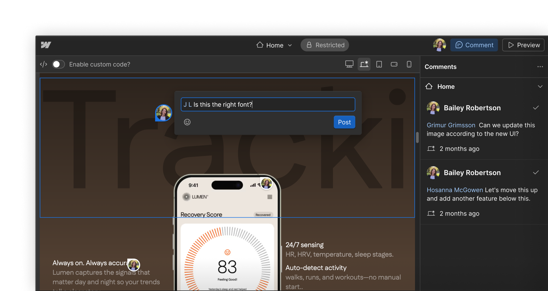 Webflow commenting mode showing team feedback and discussions directly on the page for collaboration.