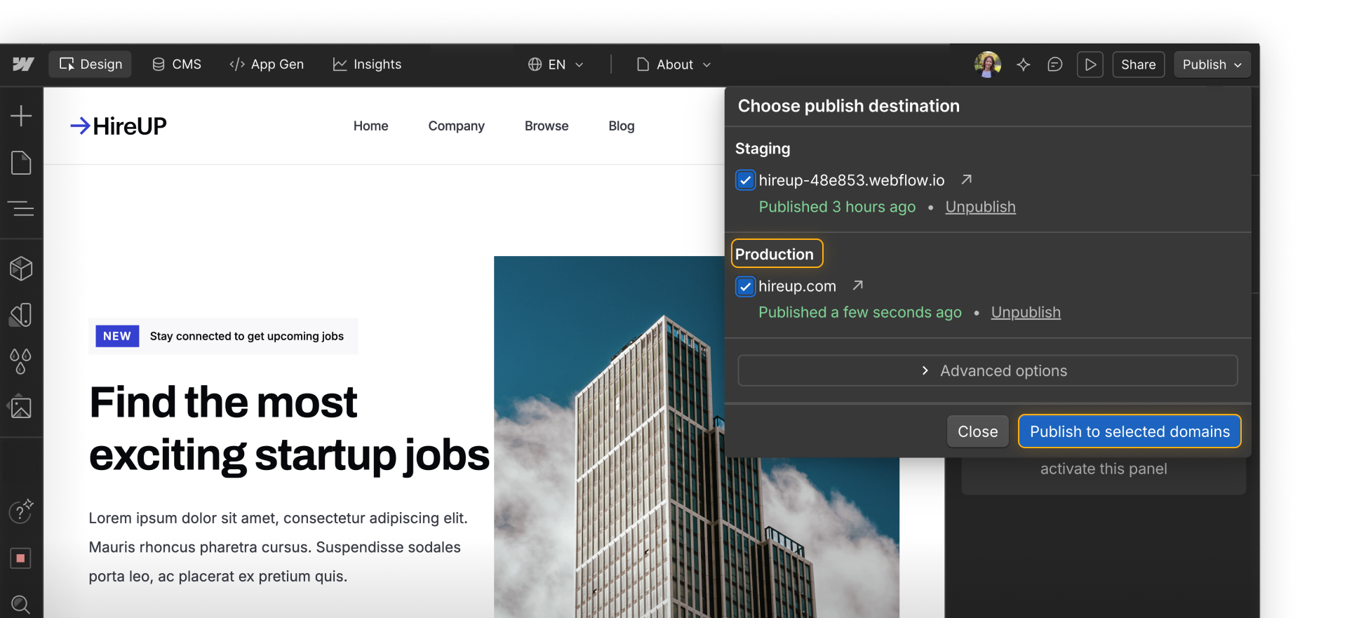 Webflow publish panel showing site published to staging and production domains.