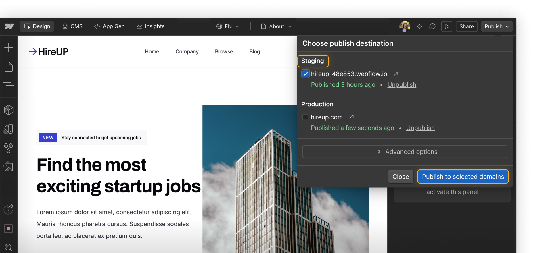 Webflow publish panel showing site published to the staging domain for testing before production.