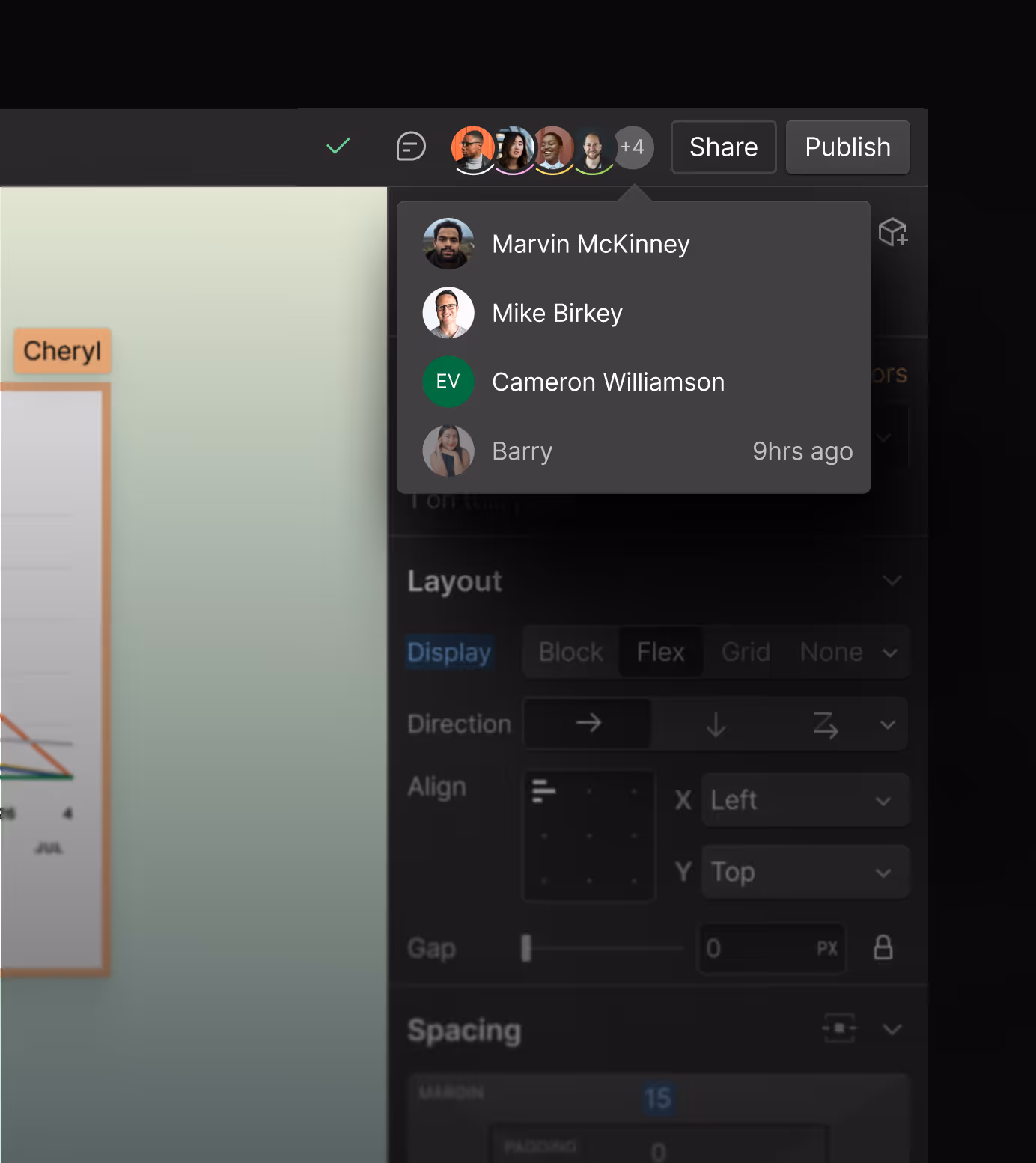 A screenshot of the Webflow top bar showing multiple people in the same project and highlighting who is on the same page.