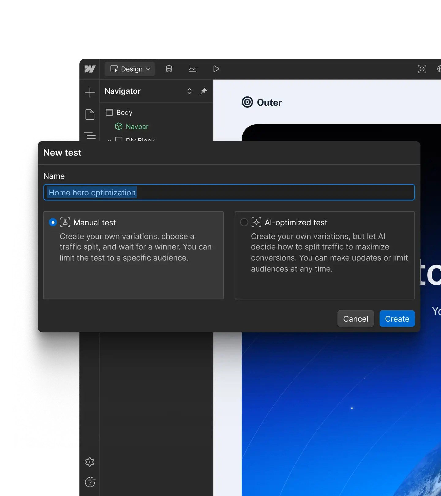 A screenshot of Webflow showing a modal with a creation workflow for either traditional or AI-powered experiments.