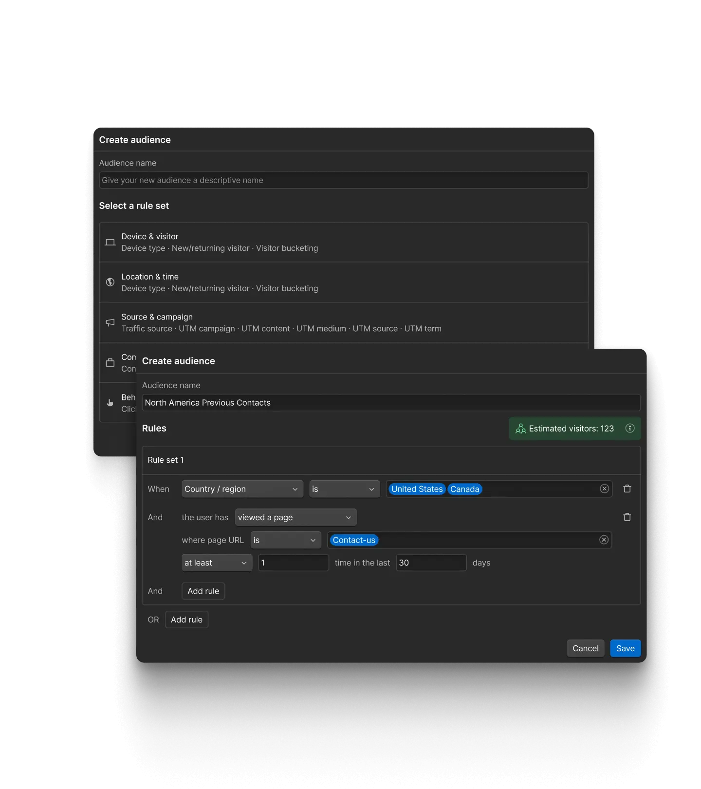 A screenshot of Webflow showing the audience creation workflow in Optimize.