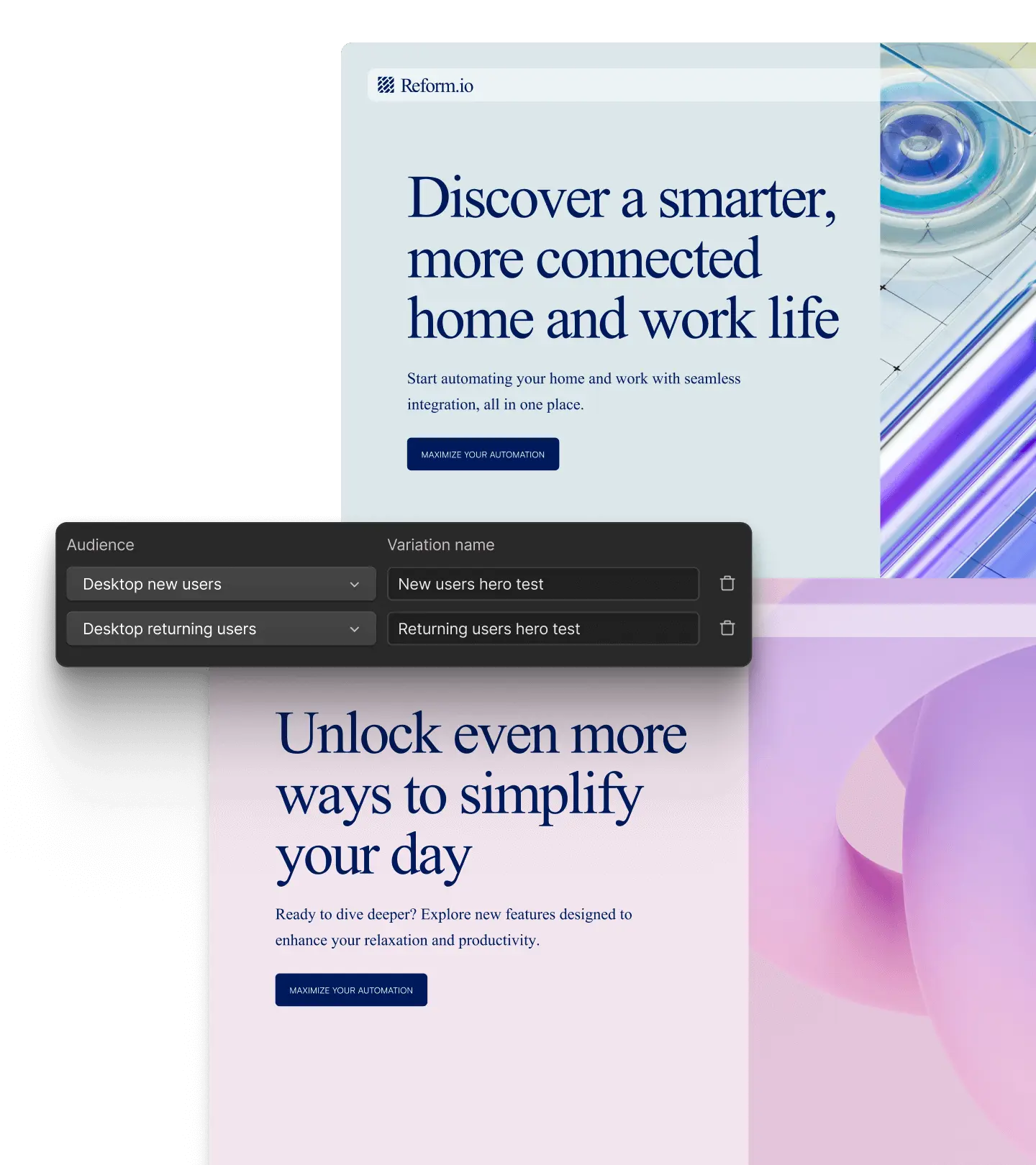 A screenshot of Webflow showing two page variations crafter for two different audiences.