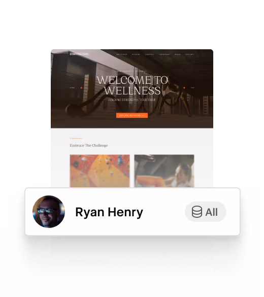 Website homepage with a profile card overlay of Ryan Henry with his photo and label 'All', indicating he has access to all CMS collections.