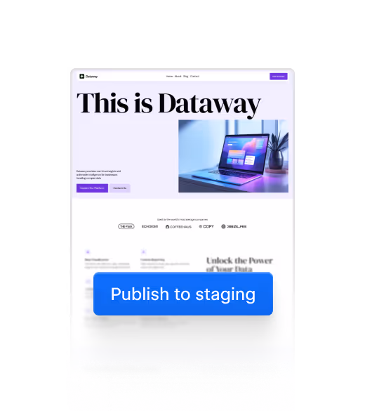 Website homepage with a publish button overlaid on top.
